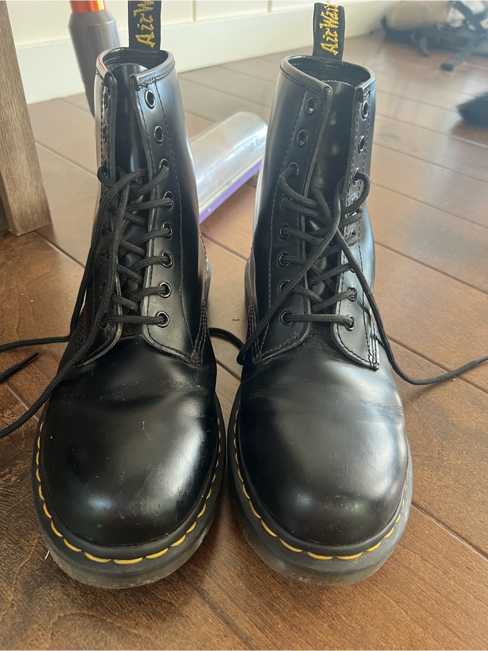 Dr. Martens Black Leather Lace-Up Combat Boots with Yellow Stitching